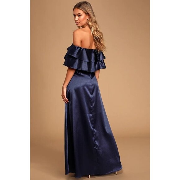Lulus Pure Happiness Navy Blue Dress Size Small Satin Off-the-Shoulder Long New - Picture 6 of 12
